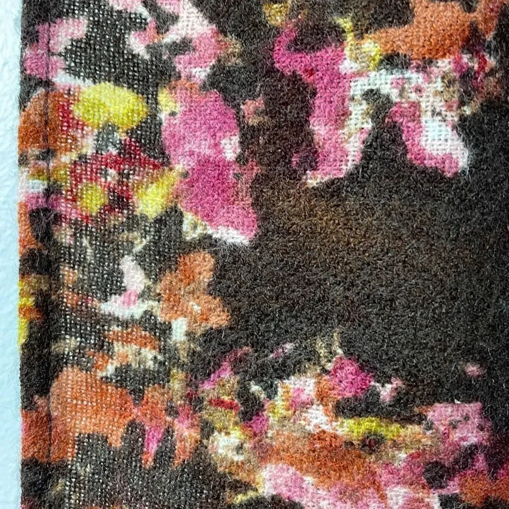 Brown with pink & green almost square scarf w 2 tassels on opposite corners